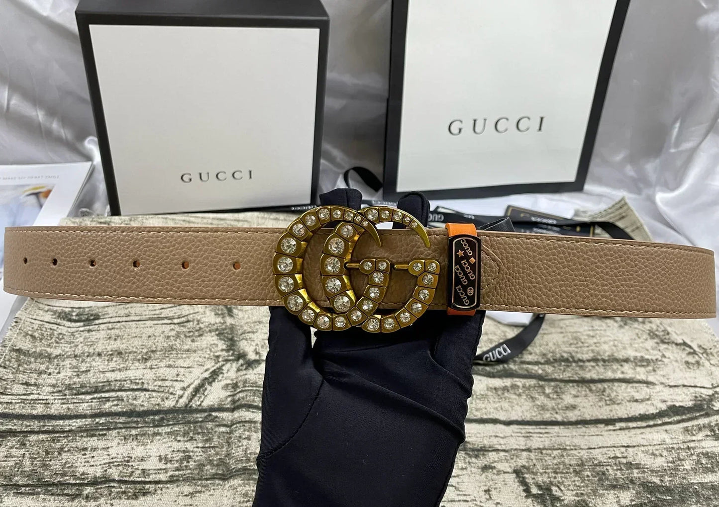 2025 belt 4 Colors double-G rhinestone double-sided lychee pattern belt