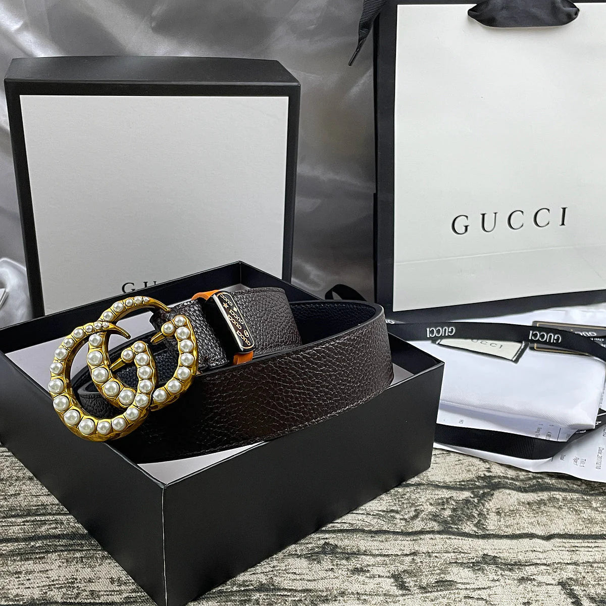 2025 4 Colors  Double G Pearl Litchi Pattern Double Sided Belt