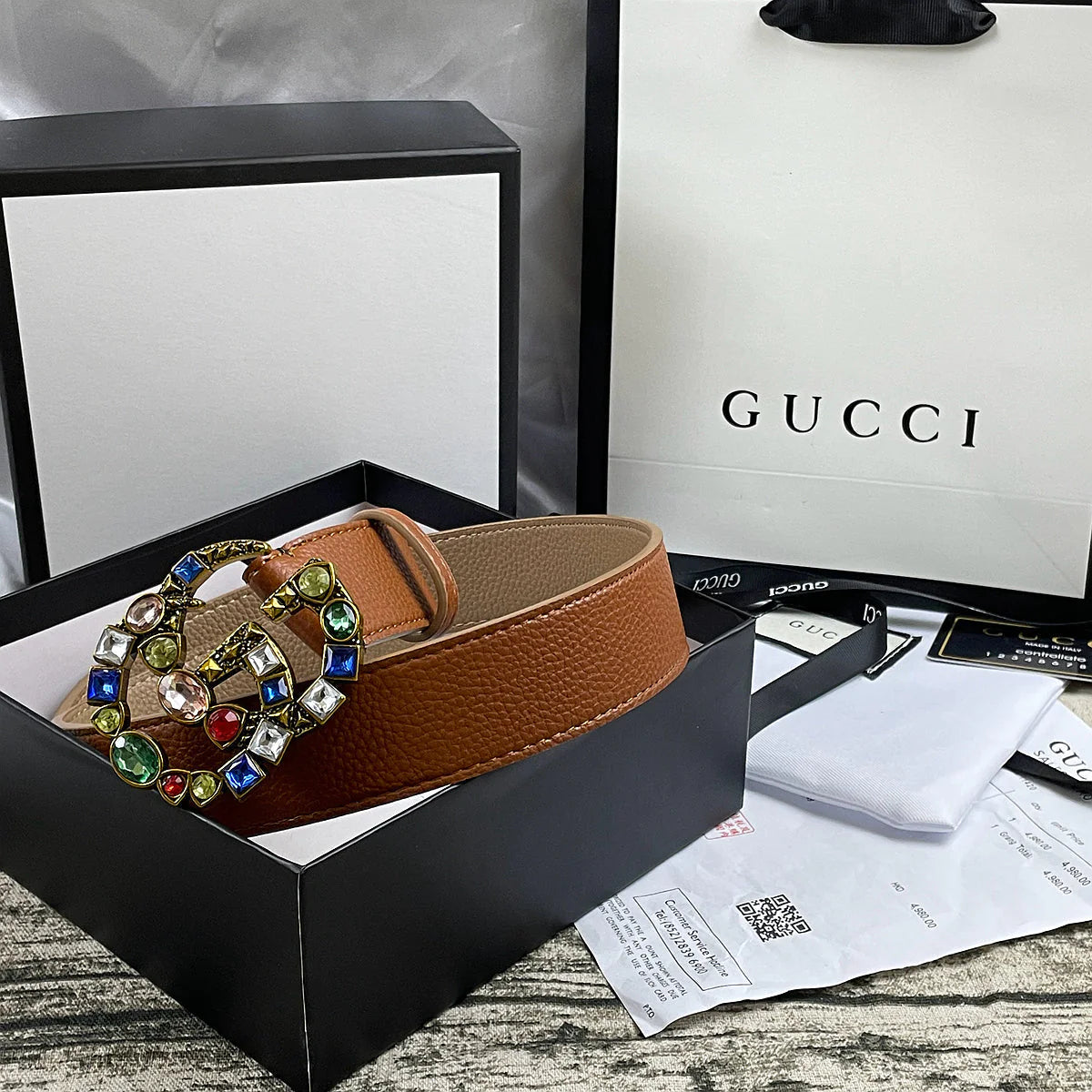 2025 4 Colors  double G seven-color rhinestone double-sided lychee pattern belt