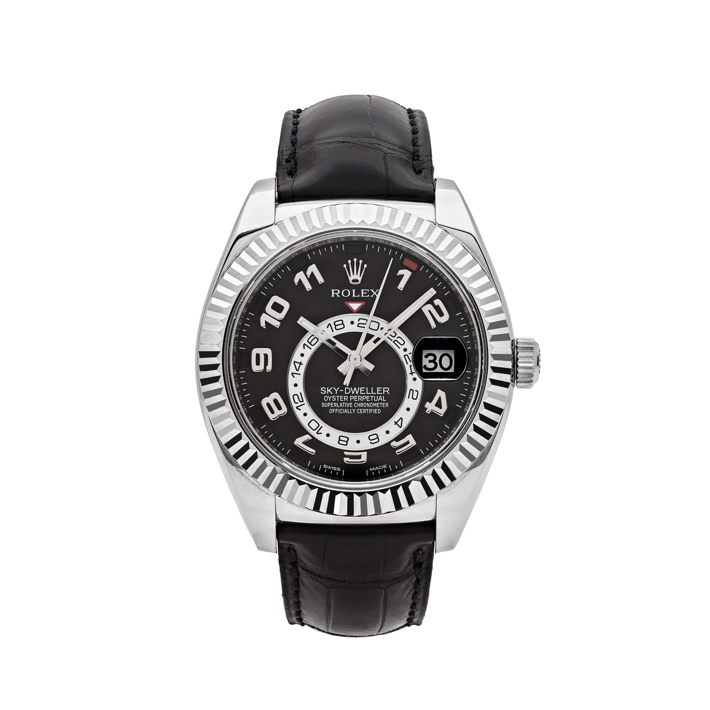 2025 Watch Sky-Dweller 326139 White Gold Black Dial Leather Strap